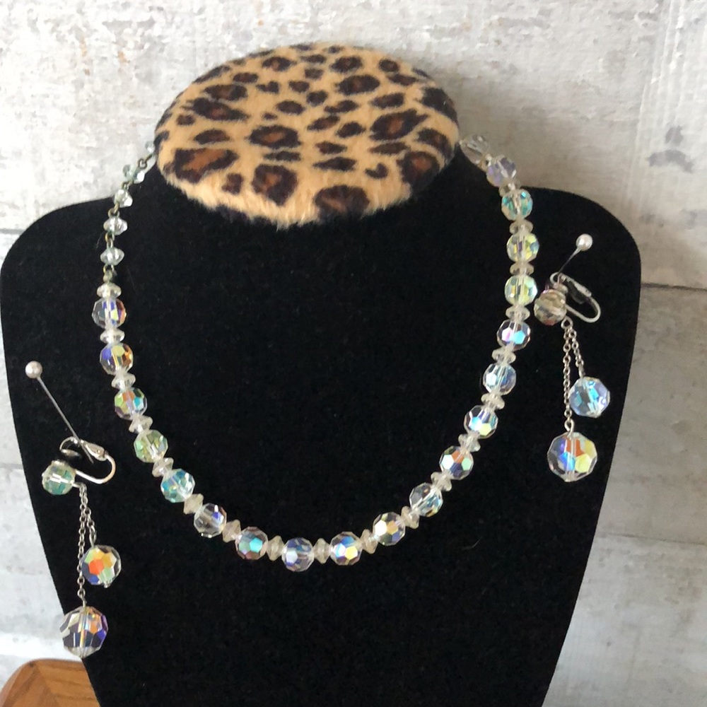 Faceted Aurora Borealis Crystal Choker / 2 tier dangle earrings and bracelet